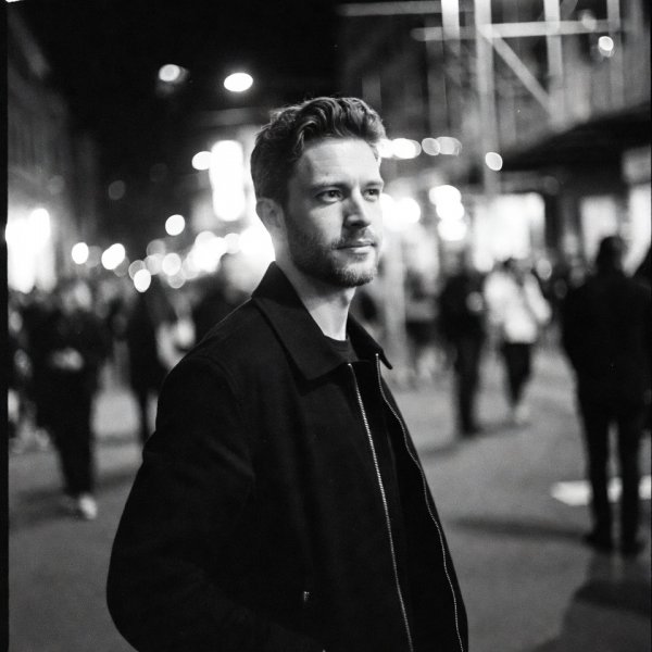 Luke Stroker - San Antonio Tx -Underground House / Tech House contributor Hombre de pie en una calle iluminada por neón, rodeado de gente en la noche.